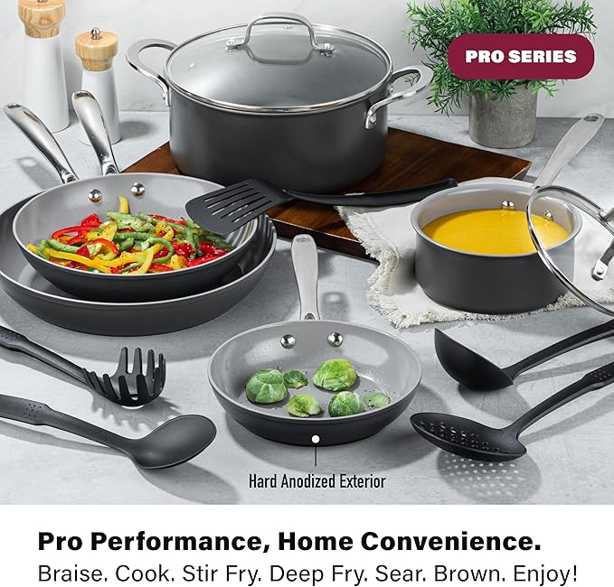 Granitestone Pro 13pcs Pots and Pans Set Non Stick Ceramic Cookware Set with 5 Utensils Premium Chef Quality Hard Anodized Exterior with Diamond and Mineral Coating Oven and Dishwasher Safe