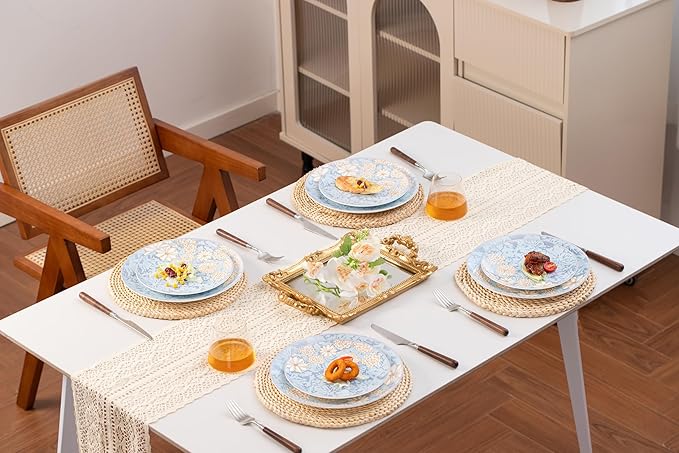 High Bone China Dinnerware Set 12-Piece Artistic Blue Plates and Bowls Lightweight &amp Chip Resistant Ceramic Service for 4 Dishwasher Safe Elegant Kitchen Dining