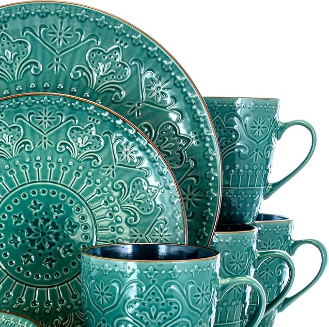 16 Piece Sea Foam Mosaic Stoneware Dinnerware Set – Textured Mandala Plates Complete Setting for 4