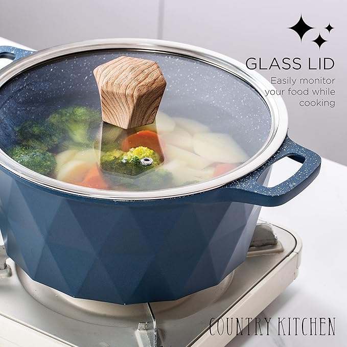 Country Kitchen Non-Stick Cast Aluminum Cookware Set - Durable Kitchen Cookware for Everyday Cooking Navy Diamond 11 Pc.