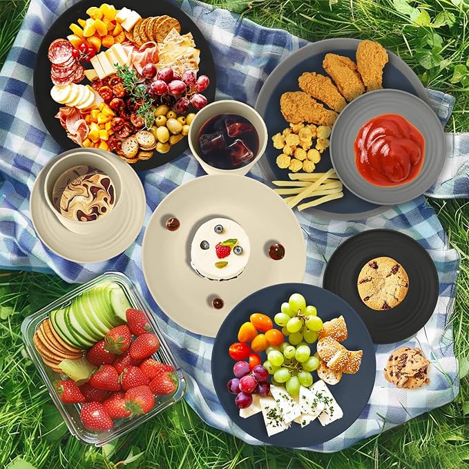 Wrova 40Pack plates and bowls sets for dinner - Unbreakable wheat straw dinnerware sets service for 8 - Alternative plastic 40pcs dish sets for campingpicnic and R.V. - (Black &amp Grey)