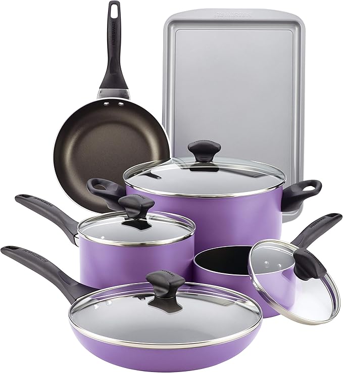 Farberware Dishwasher Safe Nonstick Aluminum 15-Piece Cookware Set Purple