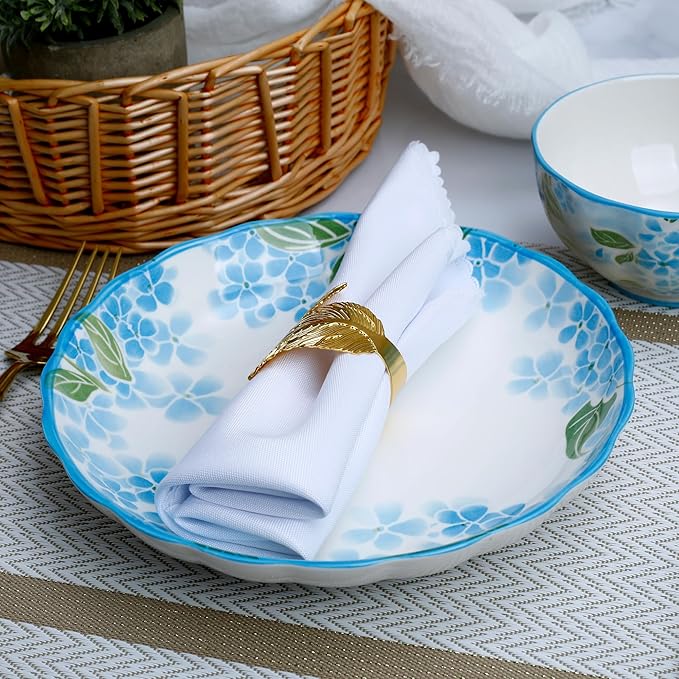 White &amp Blue Floral Porcelain Dinnerware Set 14-Piece Plates &amp Bowls Sets Microwave &amp Dishwasher Safe Elegant Gift Packaging
