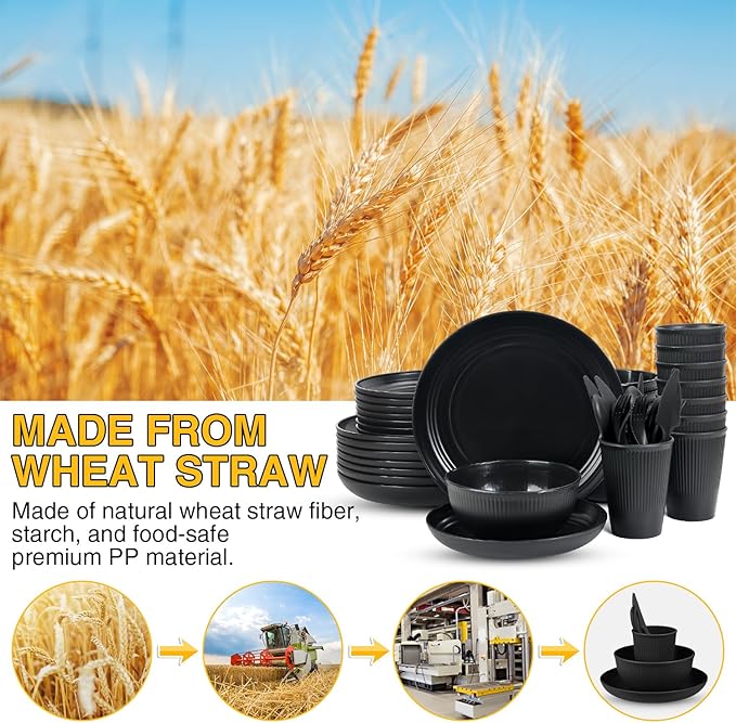 LAERJIN 56 Piece Wheat Straw Dinnerware SetsUnbreakable Reusable Dinnerware SetDishwasher &amp Microwave Safe Plates and Bowls Sets for Apartment Essentials Outdoor Camping Black