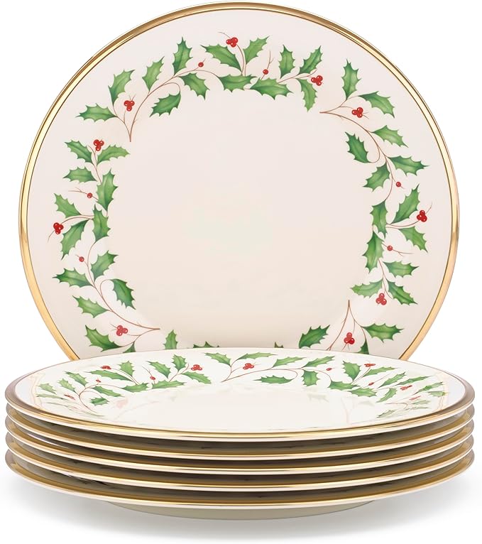 Lenox Holiday 6-Piece Dinner Plates Dinnerware Set Service For 6 Porcelain Dishwasher Safe Round Plates Set Holiday Red &amp Green Perfect for Gatherings Christmas Dinnerware (Ivory 6 Piece)