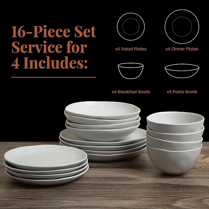 Trasa Home by Larder &amp Vine Eco-Friendly High Fired Artisan Stoneware Organic &amp Modern Dinnerware 16 piece set 4 place settings (Millstone)