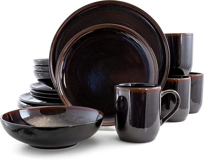 16 Piece Round Stoneware Dinnerware Set in Metallic Black Complete Tableware Service for 4