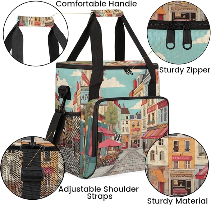 Cartoon Streetscape Coffee Maker Travel Bag for Keurig K-Mini/K-Mini Plus Insulated Waterproof Tote with Pockets for K-Cup Portable Single-Serve Brewer Case