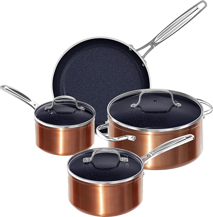 Nuwave 7pc Cookware Set Healthy Duralon Blue Ceramic Nonstick Coated Diamond Infused Scratch-Resistant PFAS Free Oven Safe Induction Ready &amp Evenly Heats Tempered Glass Lids &amp Stay-Cool H