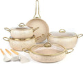 Fully Clad 5-Ply Stainless Steel Cookware Set 12Pcs Nonstick Pots and Pans Set with Stay-Cool Handles Induction Compatible Stackble Design Includes with Frying Pan Saucepans and Saute Pan (Beige)