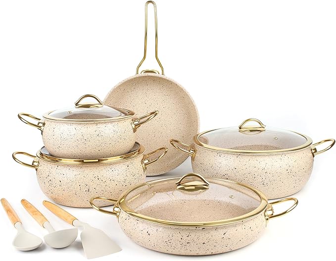 Fully Clad 5-Ply Stainless Steel Cookware Set 12Pcs Nonstick Pots and Pans Set with Stay-Cool Handles Induction Compatible Stackble Design Includes with Frying Pan Saucepans and Saute Pan (Beige)