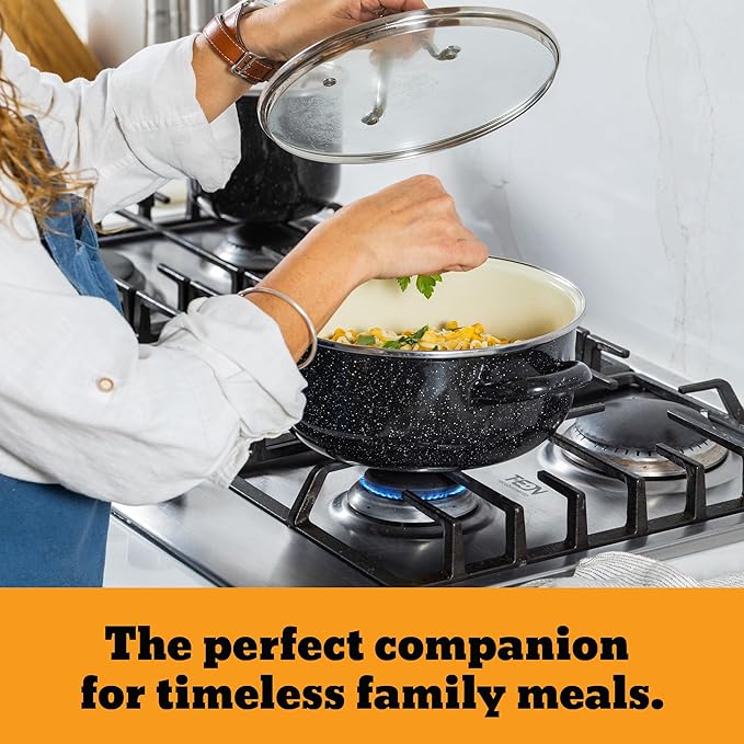 Granite Ware 5-Piece Bicolour Cookware Set Enameled Steel with Glass Lid Speckled Black &amp Cream Oven Safe to 935°F