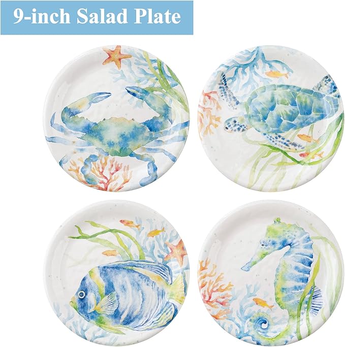UPware 12 Piece Sea Life Serenade Melamine Dinnerware Sets Outdoor Dishes Set Plates and Bowls Sets Service for 4 Blue
