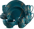 LOVECASA Porcelain Dinnerware Sets for 4 16 PCS Plates and Bowls Set Color Glaze with Gold Plate Dish Set Dinner Sets with Dinner Plates Dessert Plate Bowls and Mugs Dark Green