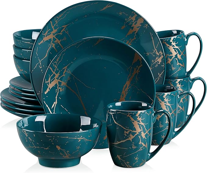 LOVECASA Porcelain Dinnerware Sets for 4 16 PCS Plates and Bowls Set Color Glaze with Gold Plate Dish Set Dinner Sets with Dinner Plates Dessert Plate Bowls and Mugs Dark Green