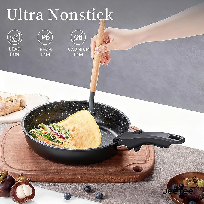 JEETEE Pots and Pans Set Non Stick 17pcs Kitchen Cookware Sets with Detachable Handle Induction Nonstick Cookware Set with Removable Handle Stackable RV Cookware Oven Safe PFAS/PFOA Free Black