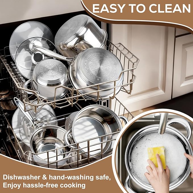 Stainless Steel Cookware Set - 15 Pieces Pots and Pans Nonstick Pot and Pan Set Includes 1 Frying Pans 5 Pots 6 Lids and 3 Utensils with Stay Cooling Handle Induction &amp Oven Safe