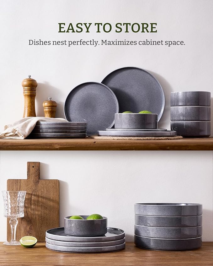 Famiware Annecy Plates and Bowls Sets Service for 4 (16 Pieces) Dinnerware Sets with Pasta Bowls Microwave and Dishwasher Safe Dishes Set Chip and Scratch Resistant Misty-Blue