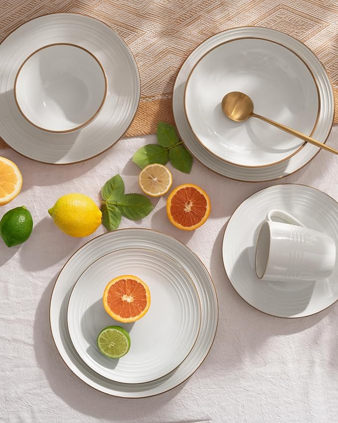 Famiware Jupiter Stoneware Dinnerware Sets Handcrafted Plates and Bowls with Embossed Swirl &amp Speckles White - Chip &amp Scratch Resistant Dishwasher Microwave Safe Minimalist Dishes for 8 (24