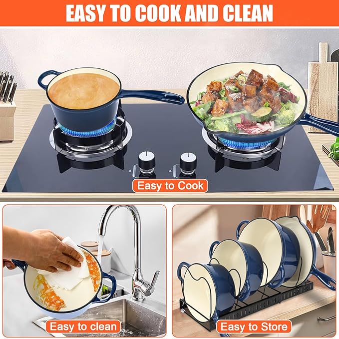 QuliMetal Nonstick Enameled Cast Iron Cookware Set Frying Pan Skillet- 7-Pcs Pots and Pans with Lid Healthy Round Dutch Oven Pot for Sourdough Bread Baking Oven Safe up to 500° F or on All Stovetop