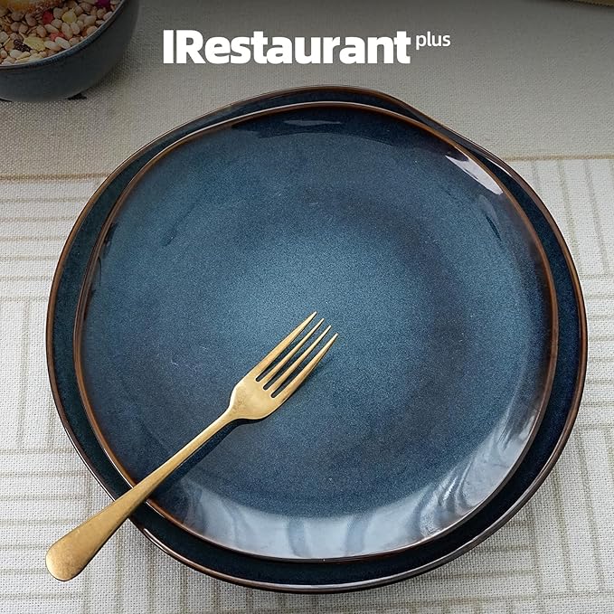 Organic Shape Highland Ceramic Dinner Plates 12pcs 10.5 Inch Handmade Reactive Glaze Stoneware Plates with Wavy Edge for Kitchen Microwave &amp Dishwasher Safe Scratch Resistant-Blue