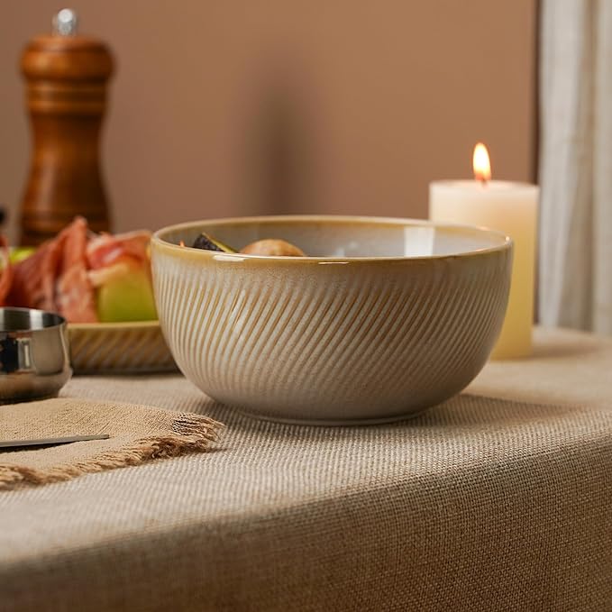 Stoneware Dinnerware Sets for 4 12-Piece Scratch Resistant Plates and Bowls Set Dishwasher and Microwave Safe Ceramic Dishes Set Ribbed Sculpted Dune