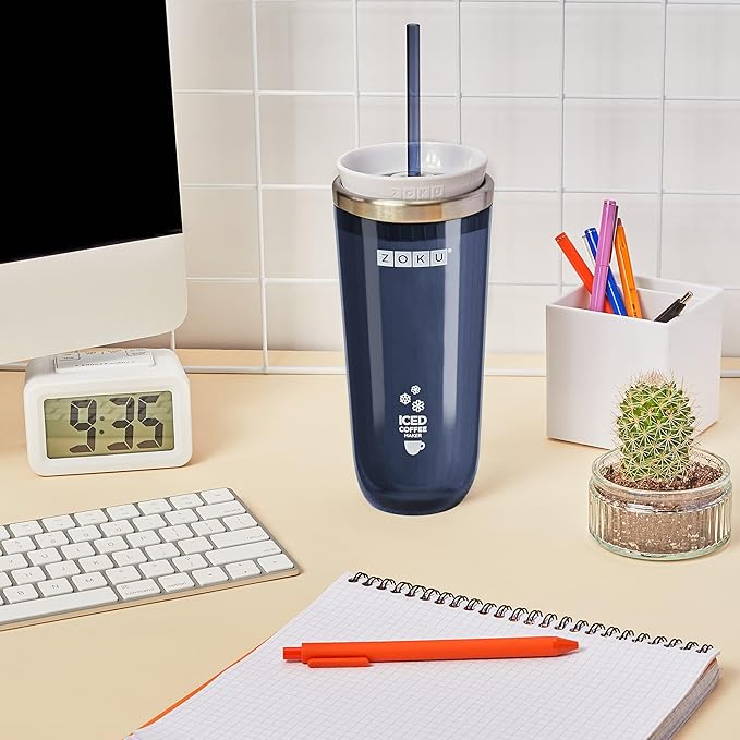 Zoku Instant Iced Coffee Maker Reusable Beverage Chiller Cools Hot Beverages in Minutes Without Dilution Portable 11-ounce Tumbler With Spill-resistant Lid and Straw Grey