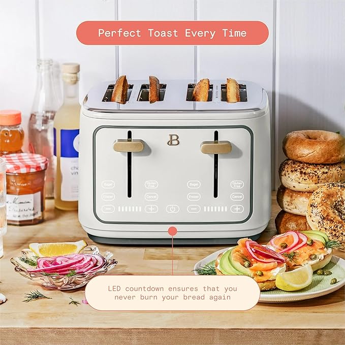 4 Slice Toaster with Touch Control Panel 1800W Fast Heating 7 Toast Shade Levels Extra Wide Slots for Bagels Removable Crumb Tray (White Icing)