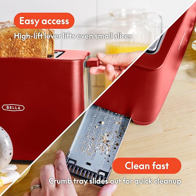 BELLA 2 Slice Toaster with Auto Shut Off - Extra Wide Slots &amp Removable Crumb Tray and Cancel Defrost &amp Reheat Function - Toast Bread Bagel &amp Waffle Red