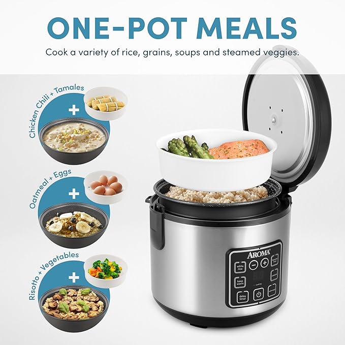 AROMA® 8-Cup (Cooked) / 2 Qt. Digital Rice &amp Grain Multicooker Durable Nonstick Inner Pot Oatmeal Steam White &amp Brown Rice Keep Warm