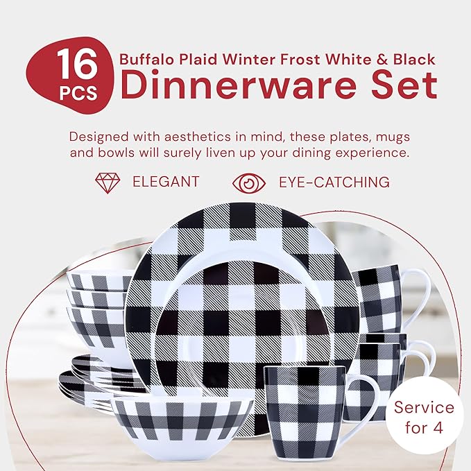 Winter Frost White Black Modern Kitchen Dinnerware Sets Indoor and Plates 16-Piece Plaid Kitchen Plates and Bowls Set with Mugs Dishwasher Safe
