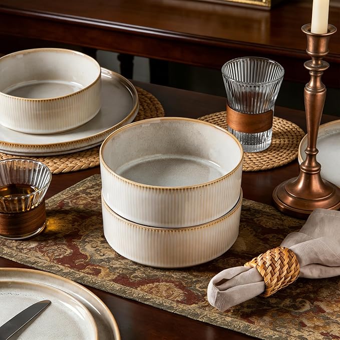 Stoneware Dinnerware Sets for 4 Stoneware Plates and Bowls Set 12-Piece Ribbed Dishes – Chip &amp Scratch Resistant Microwave and Dishwasher Safe Tableware Warm White