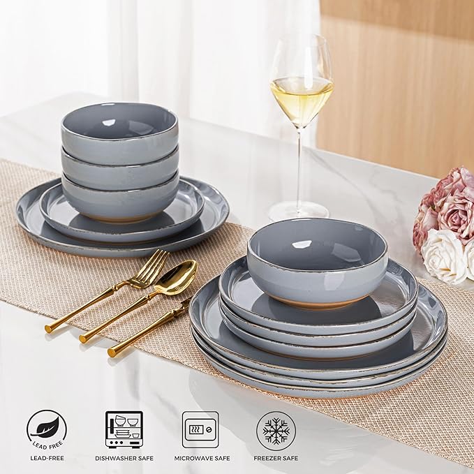 AmorArc Ceramic Dinnerware Sets for 4 12 Pieces Handpainted Plates and Bowls Set with Rustic Terracotta Underside Scratch Resistant Stoneware Dishes Set Dishwasher &amp Microwave Safe