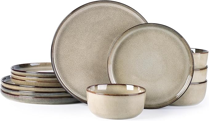 GBHOME Ceramic Dinnerware Sets for 4 12 Pieces Stoneware Plates and Bowls Sets Scratch Resistant Dishes Dishwasher &amp Microwave Safe Reactive Glaze