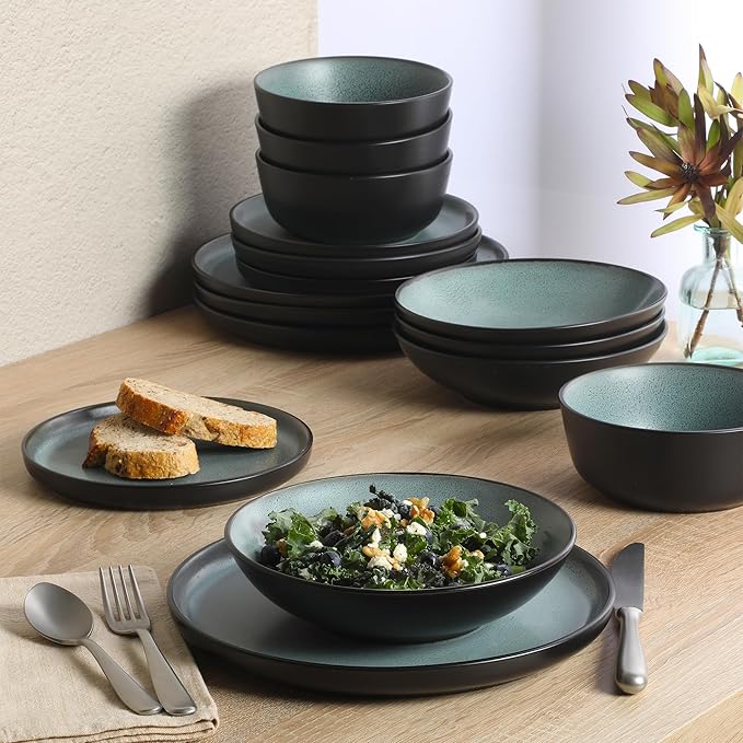 Gibson Elite Tribeca Loft 16-Piece Dinnerware Set – Matte Black and Green Reactive Glaze Stoneware Double Bowl Round Plates and Bowls – Modern Rustic Tableware for 4 Dishwasher &amp Microwave Safe