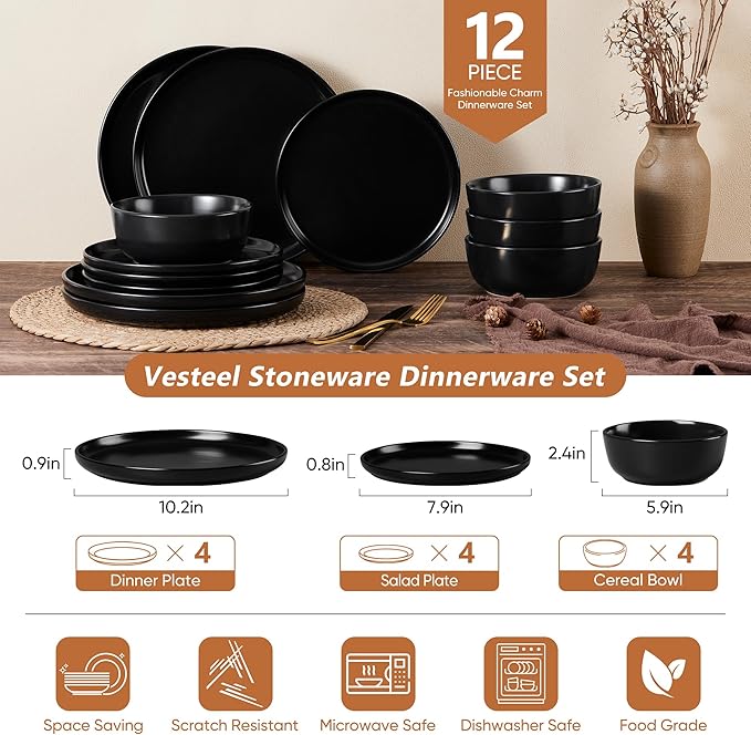 Vesteel Dinnerware Sets for 4 12Pcs Premium Plates and Bowls Set Farmhouse Handmade Stoneware Sets for Home Restaurant Microwave &amp Dishwasher Safe Matte Blue