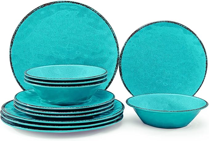 LEHAHA Rustic Melamine Dinnerware Sets 12-piece Dishes Plastic Dinnerware Set for 4 Break-resistant Plates and Bowls Set Outdoor Casual &amp Party Use Kitchen Dishes Set Teal…