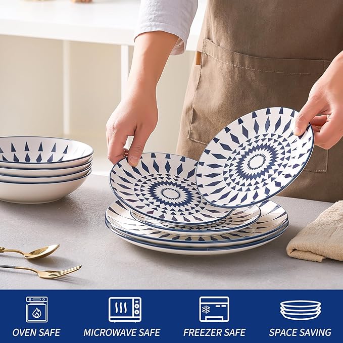 Bestone Ceramic 12-Pieces Dinnerware Sets Ceramic Dish Plates and Bowls Sets Dishes Set for 4 Dinner Salad Dessert Plates and Cereal Bowls Set GiftVintage Blue