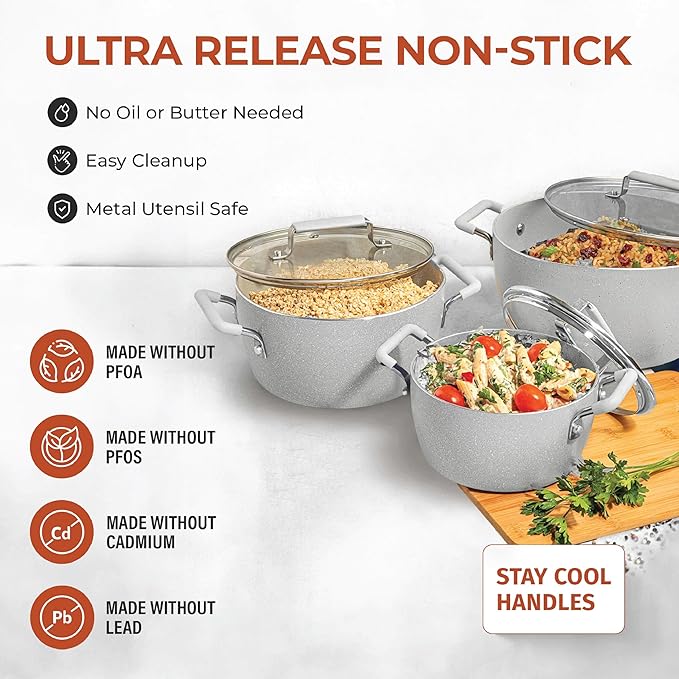 Granitestone Gray Pots and Pans Set Nonstick 6 Stackable Piece Cooking Pots Set Kitchen Pots Non Stick Coating 5qt 3qt &amp 1.5qt Pots with Lids Stay Cool Handles Dishwasher Safe 100% Toxin Free