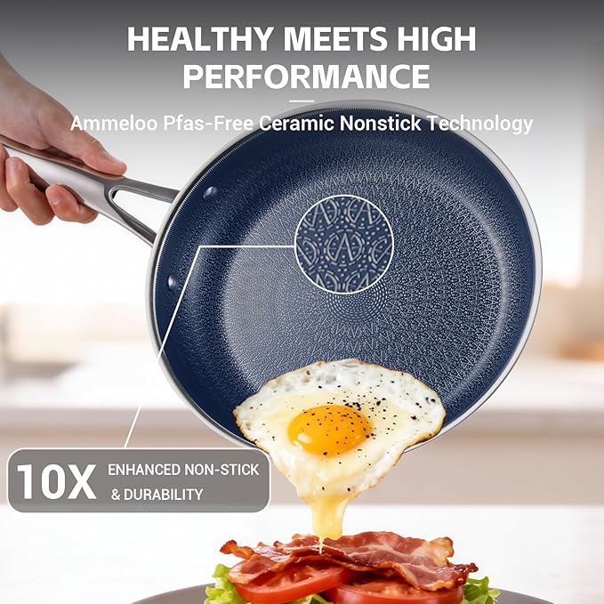Ammeloo Hybrid Stainless Steel Cookware Set 17-Piece Tri-Ply Pots and Pans Set Non Stick Induction Kitchen Cookware Sets Dishwasher &amp Oven Safe PFOA Free All Cooktops Compatible Navy Blue