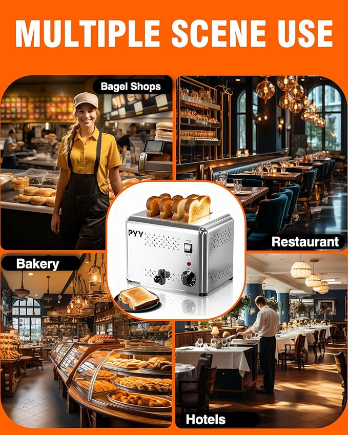 PYY Commercial Toaster 4 Slices with 2/4 Slice Option 120pcs/h 6-Level Setting Toaster with Removable Crumb Tray 1.1 inch Wide Slot for Bagel Bread Stainless Steel for Restaurant Home 1200W