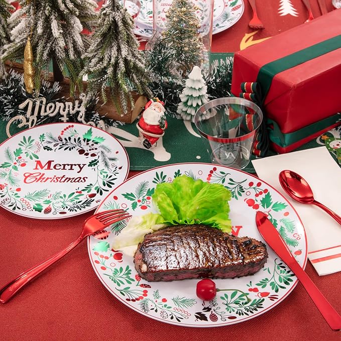 bUCLA 175PCS Christmas Plates Dinnerware Set - Green and Red Christmas Plastic Plates and Napkins Disposable Include 25 Dinner Plates25 Dessert Plates75 Cutlery25 Cups&amp25 Napkins