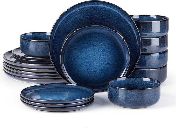 E-far 18-Piece Plates and Bowls Set Dinnerware Sets for 6 Reactive Glaze Stoneware Dishes Dinning Ware Microwave &amp Dishwasher Safe - Deep Sea Blue