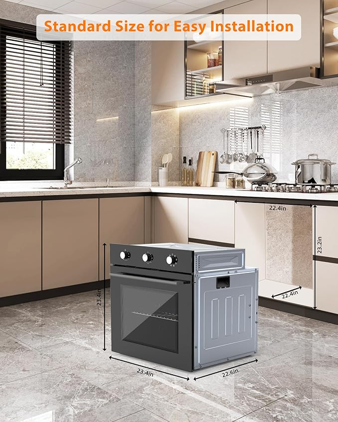 24 Built-in Electric Oven - 2.5 CF Convection 3000W Power 240V 8 Cooking Modes Stainless Steel Finish Mechanical Controls Transparent Window Black Design