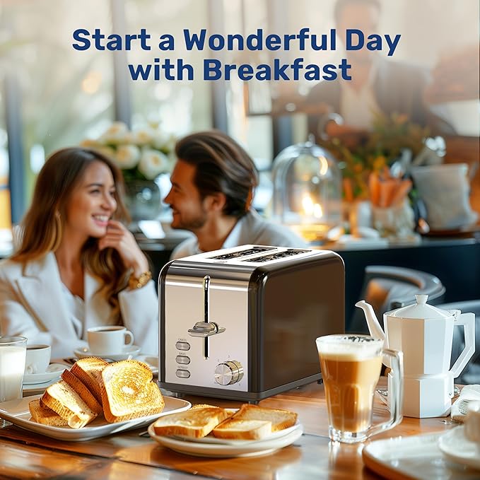 YSSOA 2-Slice Stainless Steel Toaster 6 Browning Setting and 3 Function Extra Wide Slot &amp Removable Crumb Tray for Bread &amp Waffle Black