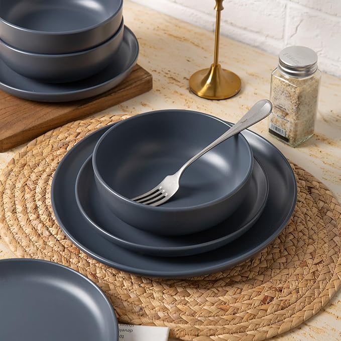12-Piece Stoneware Dinnerware Set with Mugs | Microwave and Dishwasher Friendly | Stackable Matte Glaze Plates &amp Bowls | Service for 3 (Blue for 3)
