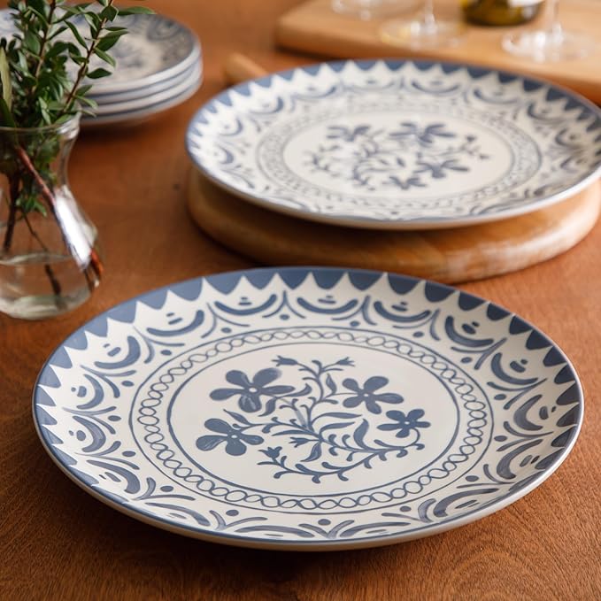 Bloomhouse - 2-Time Oprah’s Favorite Things - Valencia Flor 2 Piece 13” Serving Platter Set Stoneware Platters Mediterranean Floral Decal Design Microwave &amp Dishwasher Safe Iris Blue