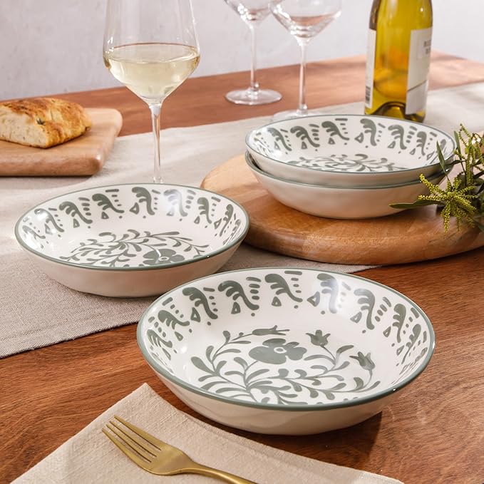 Bloomhouse - 2-Time Oprah’s Favorite Things - Valencia Flor 4 Piece Dinner Bowl Set 8” Stoneware Pasta Bowls Mediterranean Floral Decal Design Microwave &amp Dishwasher Safe Fern Green
