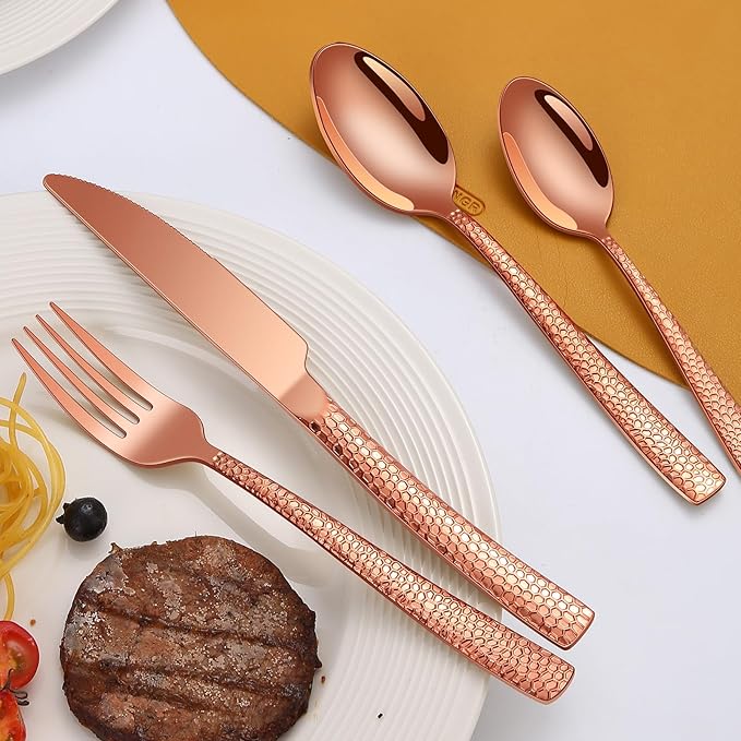 40-Piece Silverware Set Rose Gold Hammered Stainless Steel Flatware Sets for 8 Food-Grade Tableware Set Including Fork Knife Spoon Set Home Kitchen Cutlery Sets Dishwasher Safe