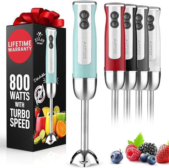 Zulay Immersion Stick Mixer Hand Blender - 800 Watts Turbo Mode 5-ft Power Electric Cord Handheld Portable Stainless Steel Blades - For Effortless Blending Smoothie Soup Baby Food Puree - Aqua